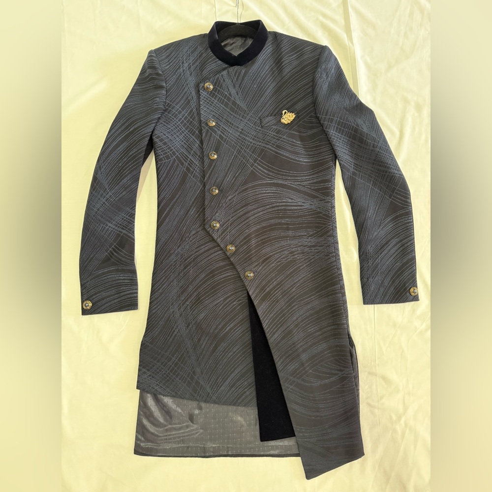 Elegant Navy Blue Patterned Men's Indowestern